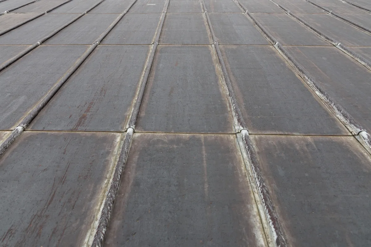 A lead covered roof with standing seams