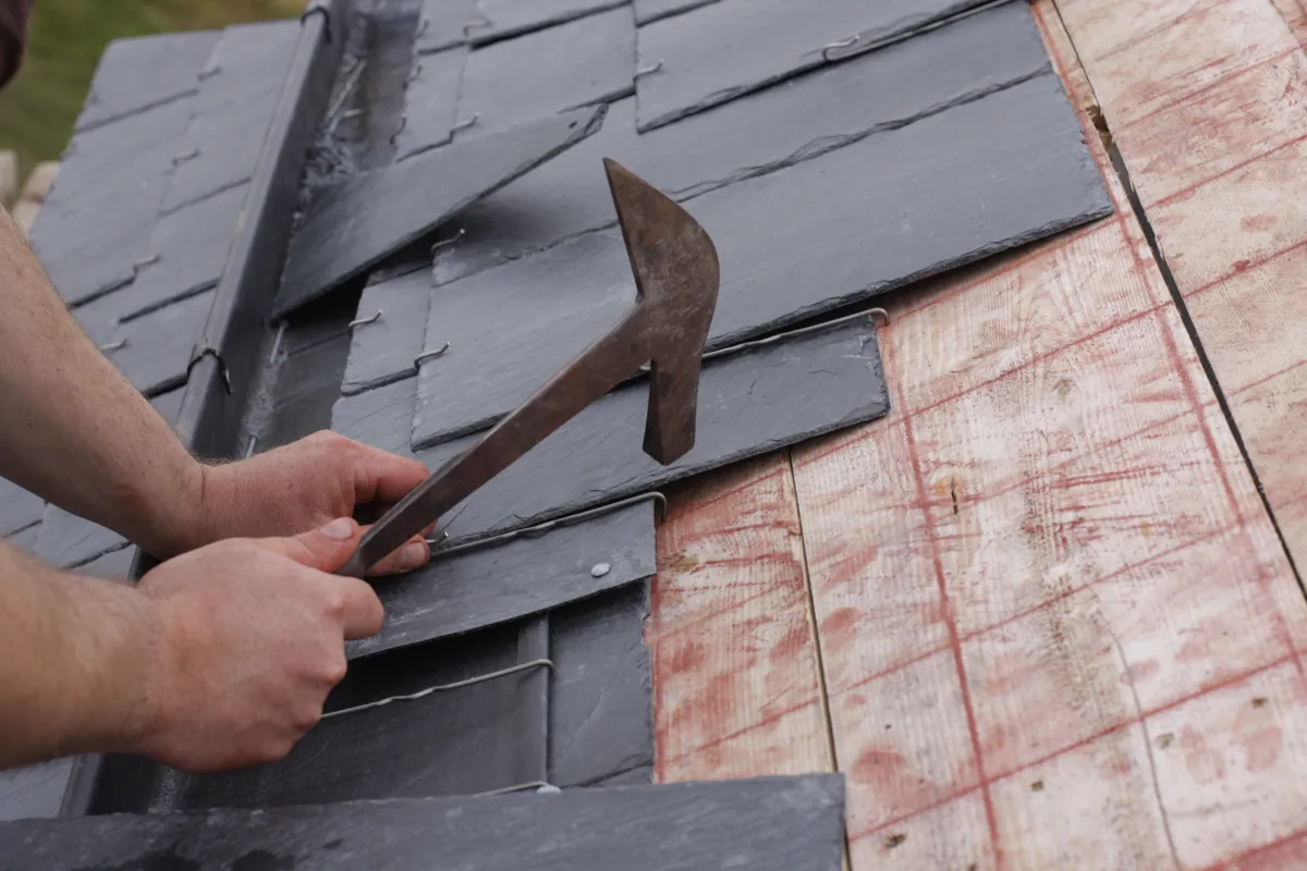 Slate roof close up showing the head lap between courses